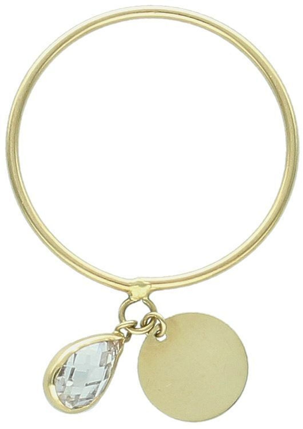 Delikatny złoty pierścionek damski próby 585 z wiszącą cyrkonią i okrągłą blaszką. Lekki, subtelny i kobiecy – idealny na prezent lub do codziennego noszenia.1.jpg